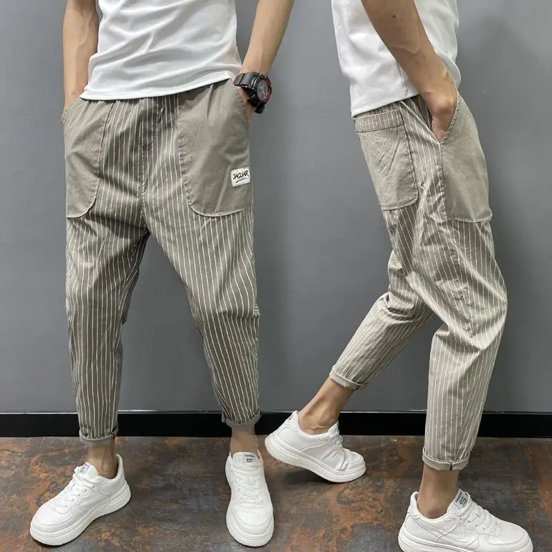 

Summer Thin Striped Casual Pants Men Harajuku Khaki Baggy Nine-point Pants Male Korean Loose Hip Hop Pockets Harlan Trousers