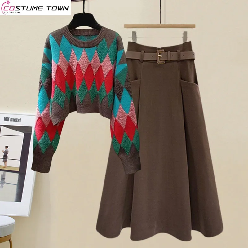 Large Women's Autumn and Winter Set 2023 New Fashion Slim Knitted Sweater Design Feel Half Skirt Two Piece Set