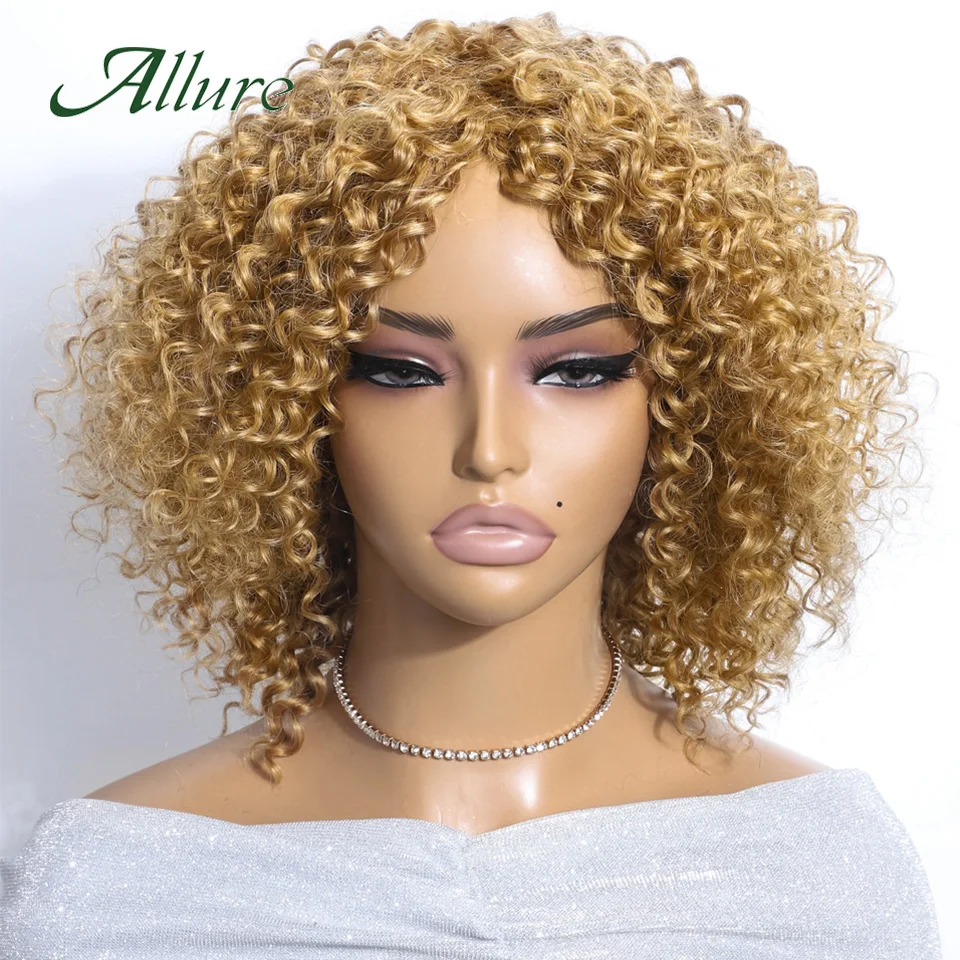 

Brazilian Water Wave Human Hair Wigs for Black Women Honey Blonde Hair Wig With Bangs 14 inch Short Kinky Curly Hair Wig Allure