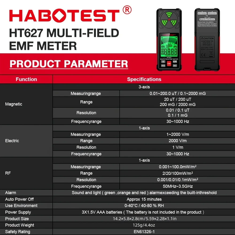 HABOTEST HT627 EMF Meter Professional Electromagnetic Field Radiation Detector Handheld Portable Radio Frequency Warn Meter