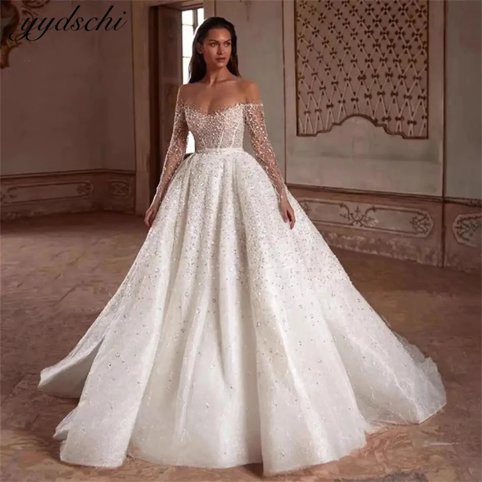 Luxury Glitter Boat Neck Crystal Beading Ball Gown Wedding Dresses For Women 2024 Court Train Bridal Gown Vestidos De Novia