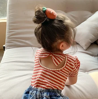 2024 Estate Nuovo Stile Coreano Neonate T-shirt a righe Bowknot Backless Manica a sbuffo Magliette Per I Più Piccoli Bambini Magliette 1