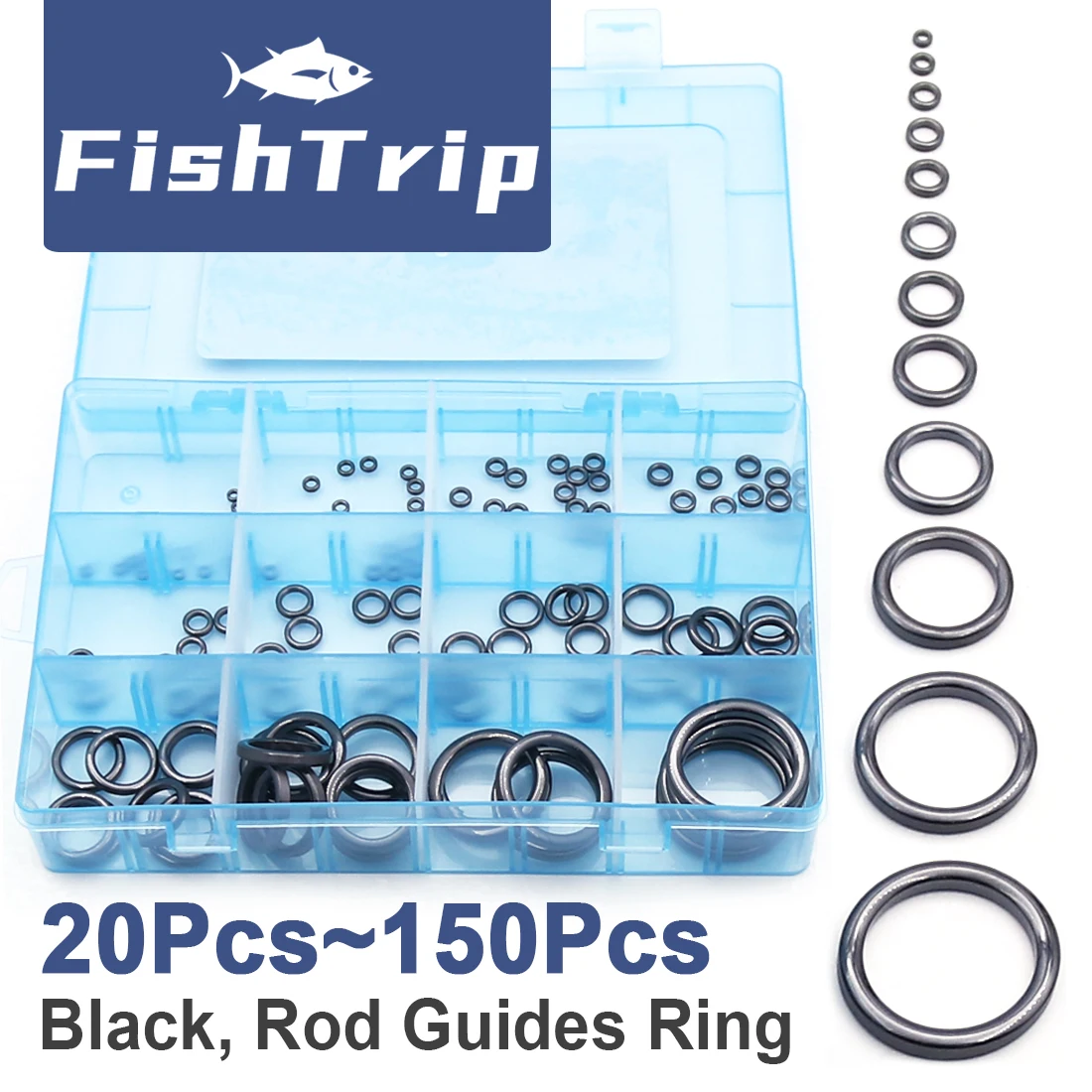 FishTrip 20~150Pcs Fishing Rod Guides Ring Repair Kit Ceramic Ring Smooth  Wear Resistant Rod Eye Replacement Kit Black