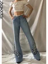 

Rockmore Y2K Floral Hollow Out Jeans Vintage Low Waist Flare Pants Streetwear Women Aesthetic Wide Leg Denim Trousers Harajuku