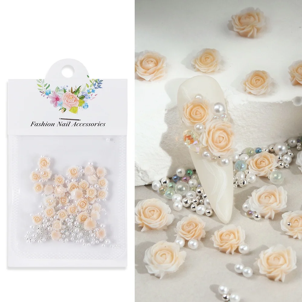 30-Piece Pink Rose 3D Nail Rhinestone and Pearl Charms Set