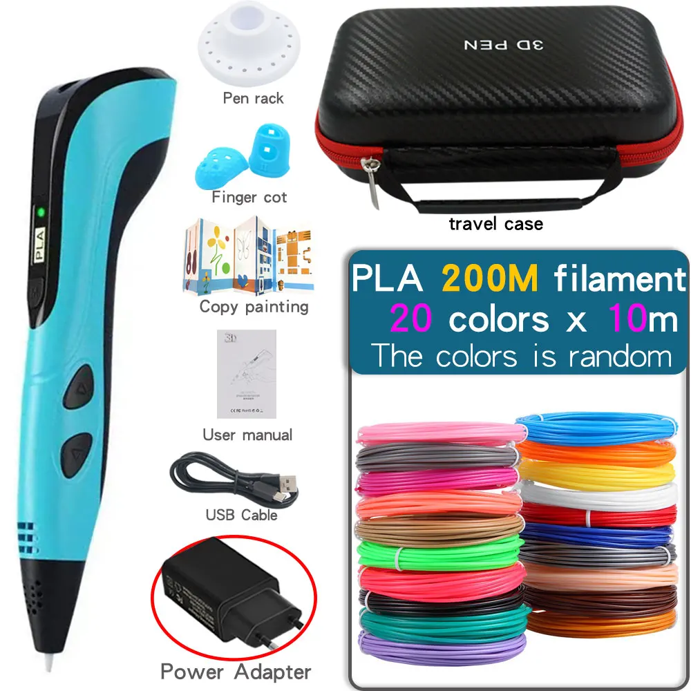 3D Printing Pen Set 3d printing pen with 200M PLA Filament Portable Travel Storage Box Power Adapter Children Birthday Christmas Creative Gift