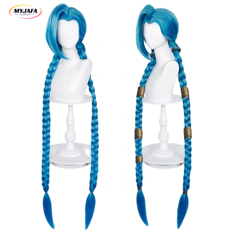 Фото Длинный Плетеный голубой парик LOL костюм Джинкс, парик со свободной пушкой, термостойкие синтетические волосы, аниме парики + шапочка для парика №1