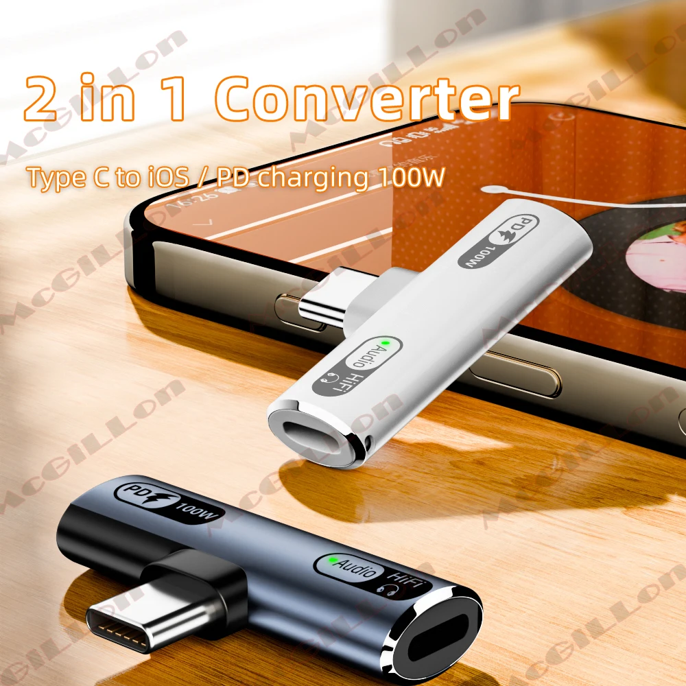 2 in 1 Type C to Type-C Headphone Charging for iOS AUX Audio Adapter PD100W USB C to iPhone HiFi Earphone Connector for iPad