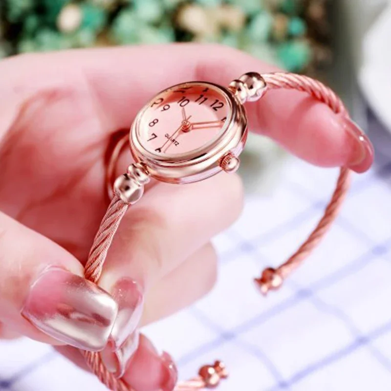 2PCS Fashion Women's Watches  Small Gold Bangle Ladies Bracelet Wristwatch Stainless Steel Retro Girls Quartz Watch Female Clock