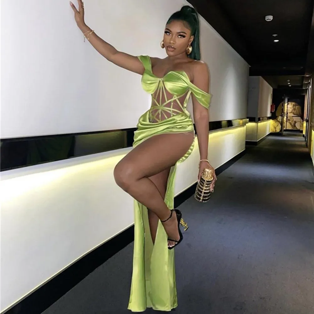 

2023 New Fashion Summer Women Green Satin Dress Off Shoulder High Split Maxi Long Celebrity Evening Club Part Dresses