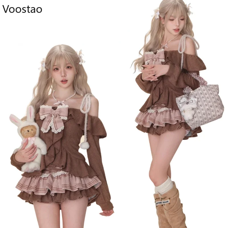 Japanese Sweet Lolita 2 Piece Sets Women Retro Off Shoulder Bow Blouse Tops Plaid Cake Mini Skirt Girls Kawaii Y2k Slim Outfits 2