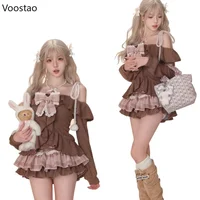 Japanese Sweet Lolita 2 Piece Sets Women Retro Off Shoulder Bow Blouse Tops Plaid Cake Mini Skirt Girls Kawaii Y2k Slim Outfits 2