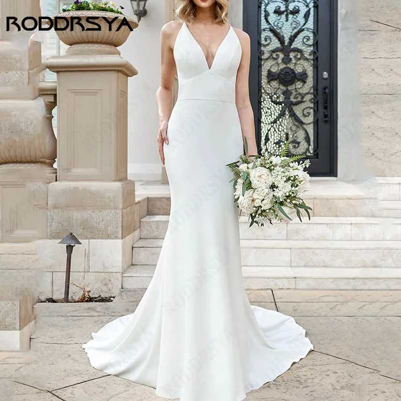 

RODDRSYA Classic Spagehtti Straps Bride Party Simple V-Neck Sleeveless Wedding Dress Backless Mermaid Robe De Mariée Custom Made
