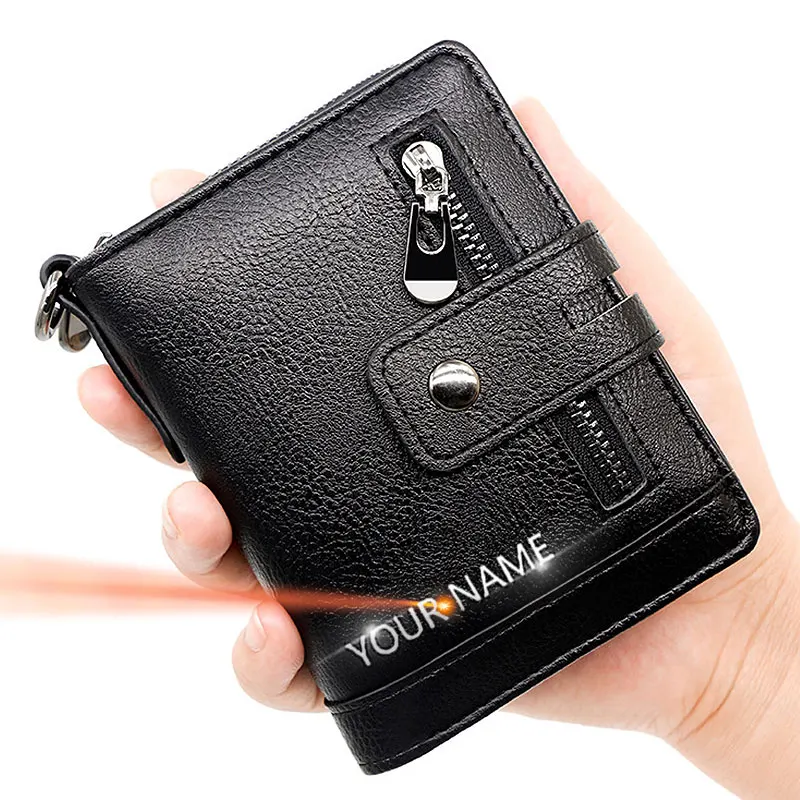 남성용 빈티지 카드홀더 이름 각인 단지갑, 고품질 지퍼 동전 주머니, PU 가죽 남성용 지갑, 신제품 
