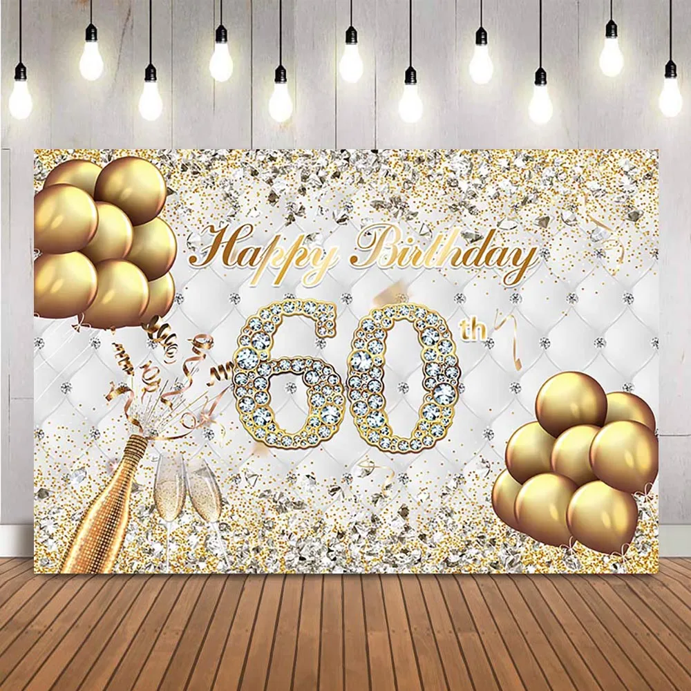 Gold Glitter Birthday Backdrop Diamonds Golden Ballons Champagne 60th Birthday Party Decoration Adult Theme Backdrop photo backdrop party decoration covers