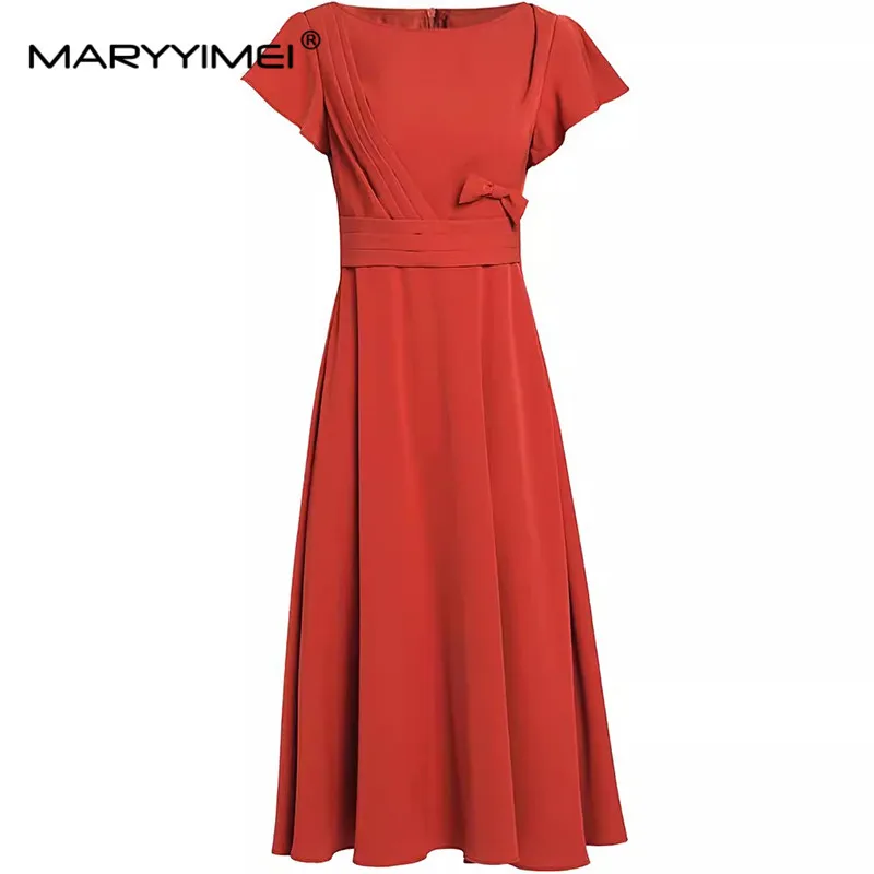 

MARYYIMEI Fashion Designer Spring Summer women's Short Sleeve Bow High waisted Solid Color Streetwear Elegant Party Dresses