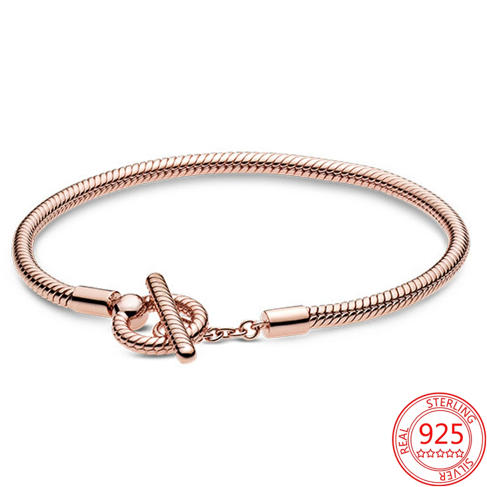 Authentic Three Style Round Rose Gold Signature Two-tone Logo T-Bar Snake Chain Bracelet Fit Original Charm Women Jewelry Gift