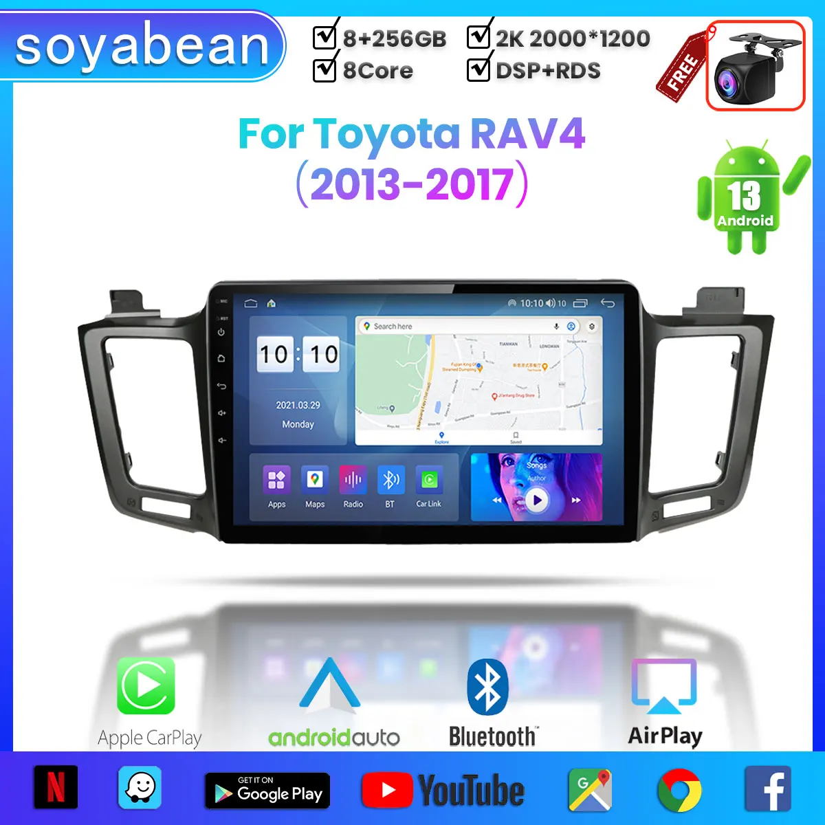 

Android 13 Car Radio for Toyota RAV4 2013-2017, 10inch 2K Multimedia Player with 4G Carplay & 2Din GPS Navigation.