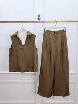 Spring/Summer 2026 New Arrivals: Stylish, High-Quality Commuter Set — Linen Two-Piece Outfit (Sleeveless Shirt + Wide-Leg Pants) 1