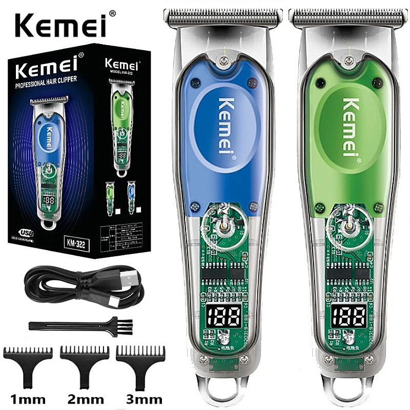 

Kemei Professional 0mm Hair Trimmer Rechargeable Hair Cutting Finishing Machine Electric Barber Clipper Men Transparent Body