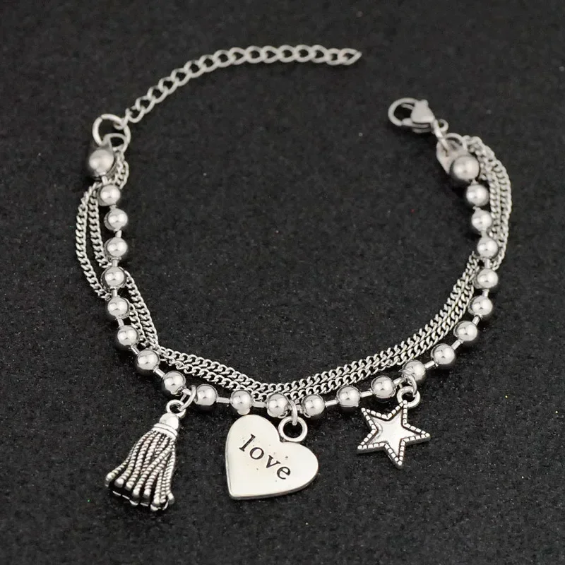 Bracelet Jewelry Bohe Punk Stainless Steel Multilayer Chain For Women Fashion Charm Star Heart Tassel Pendant