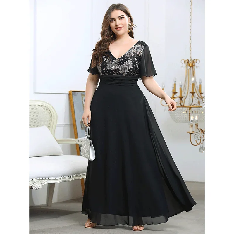 

S-7xl Short-Sleeved Chiffon Long Bridesmaid Dress 4xl5xl Plus Size Long V-Neck Black Embroidered Party Dress for Women