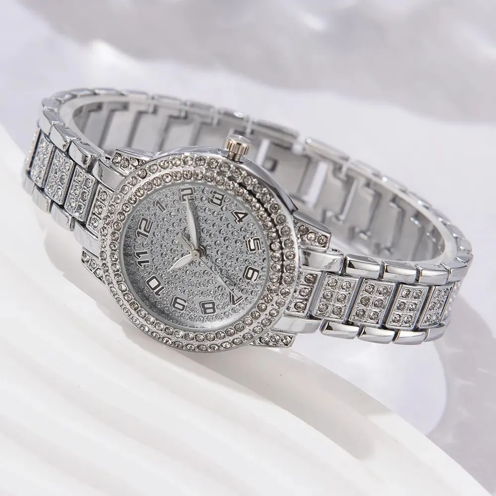 6PCS Women Watch Luxury Elegant Alloy Watch Crystal Wristwatch For Ladies Gift Quartz Watch Alloy Rhinestone Bracelet Montre 6