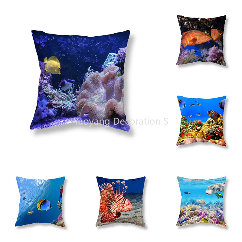 

Coral Fish Marine Life Pillowcase Sofa Decoration Office Gaming Chair Cushion Cover Room Bedside Home Decor Pillowcase 45x45cm