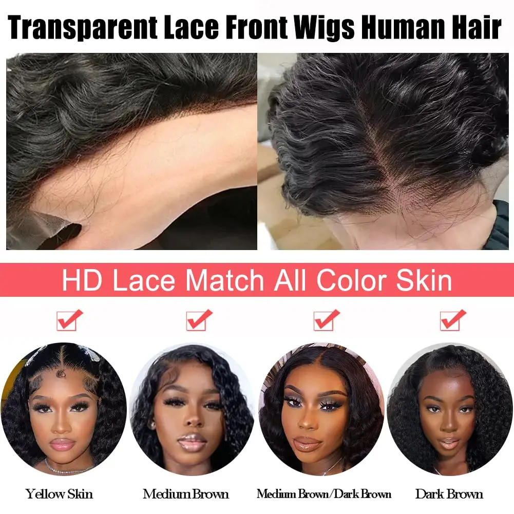 200% Density Deep Wave Lace Front Wigs Human Hair with Drawstring Natural Hairline 26 Inch 13x6 Lace Front Wig for Women 5x5