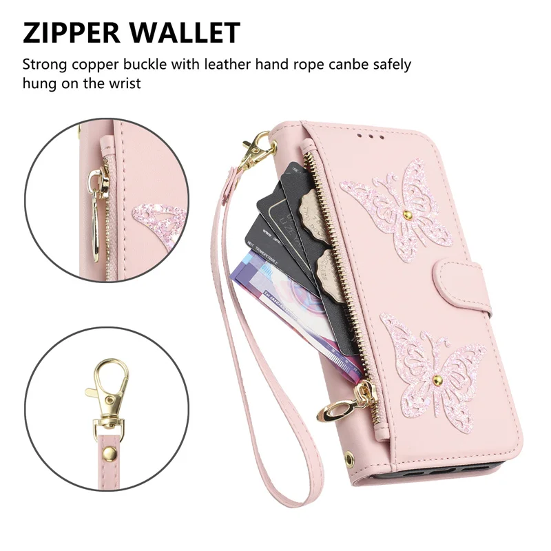 Wrist Strap Flip Leather Phone Case with Zipper Wallet and Card Holder
