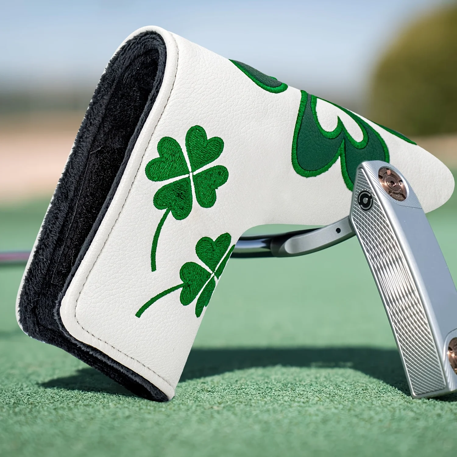 Lucky Clover Blade Putter Head Cover - Four-Leaf Clover Design with Heart Accents and Soft Lining Protection