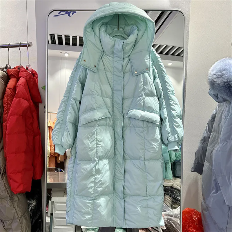 

2022 Autumn Winter Thicken White Duck Down Jacket Women Long Hooded Down Coat Parkas Ladies Casual Loose Warm Puffer Outerwears