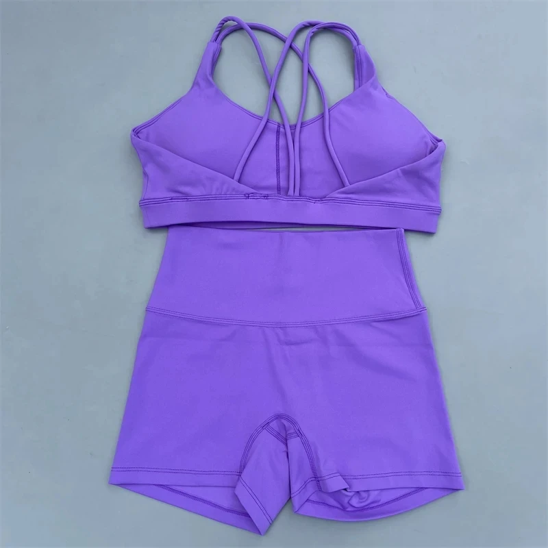 Einfarbiges Fitnessstudio-Fahrrad-Yoga-Set, kurze Leggings + Cross-Sport-BH, Trainingsanzug, sportlicher Damen-Turnanzug, umfassendes Training, Joggen – Detail 12