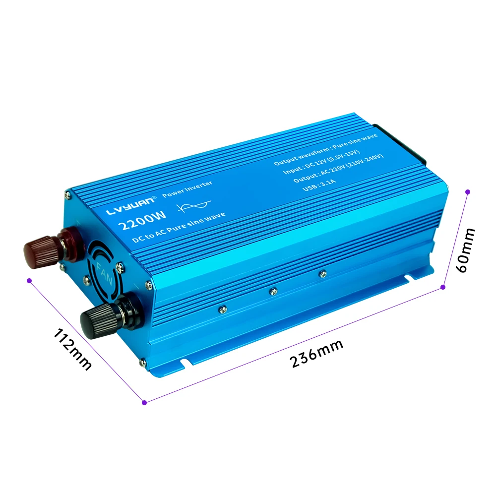 Car Converter 12V/24V To 220V Pure Sine Wave 1000W/1500W/2200W Solar Energy Battery Voltage Transformer 50Hz