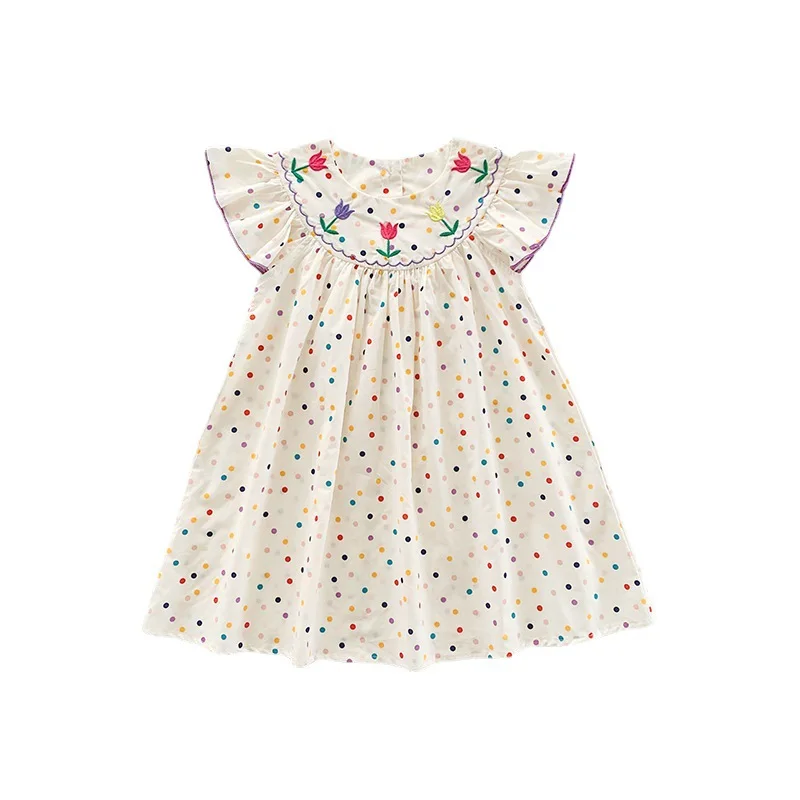 

Korean children's colorful polka dot tulip embroidered girl's dress 2023 summer fly sleeved sweet princess skirt