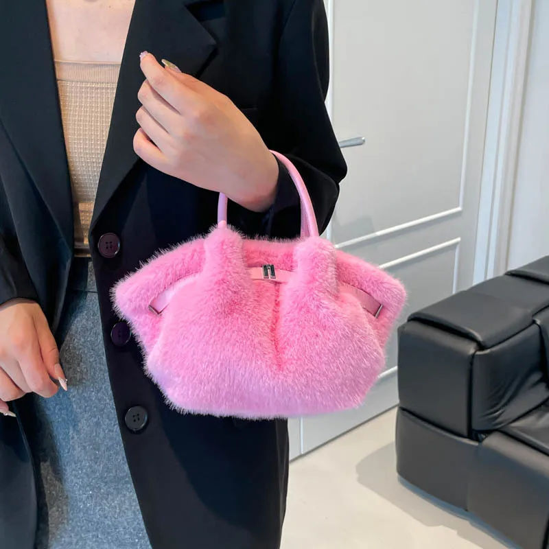 Chic Plush Women's Tote Bag, Imitation Mink Fur Women Handbag, Vegetable Basket Bag, Pleated Bag, Stylish Shoulder Crossbody Bag