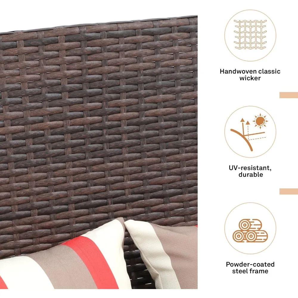Outdoor Wicker Loveseat with Cushions, 2 Seater Patio PE Rattan Sofa with Lumbar Pillows, Brown Wicker & Beige Cushions 4
