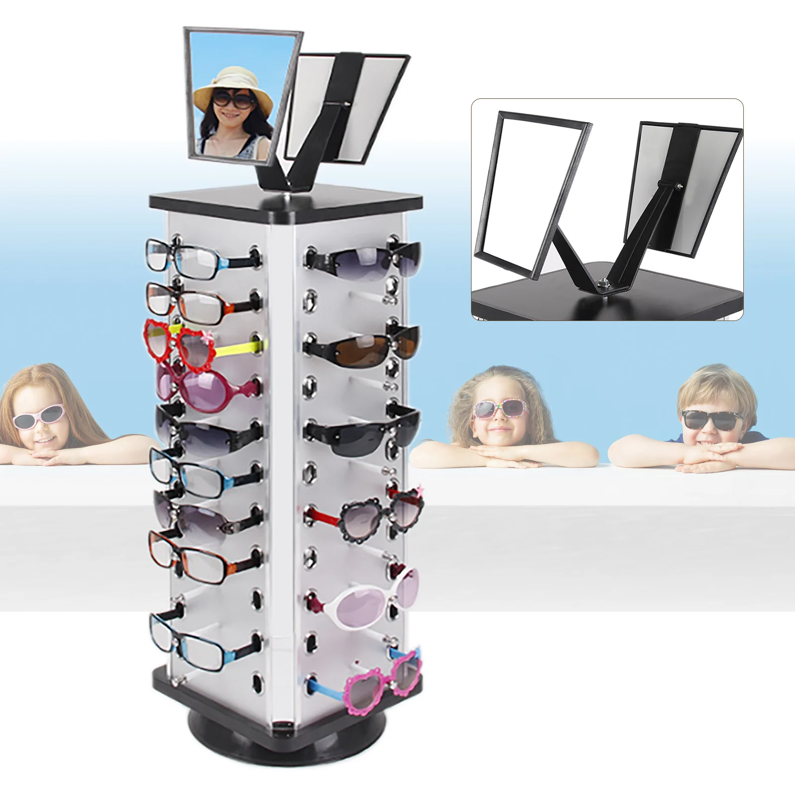 

360° Rotating Sunglass Display Rack Metal Glasses Stand Holder 44 Pairs W/ Mirror Retail Sunglass Display Stand Sunglasses Rack