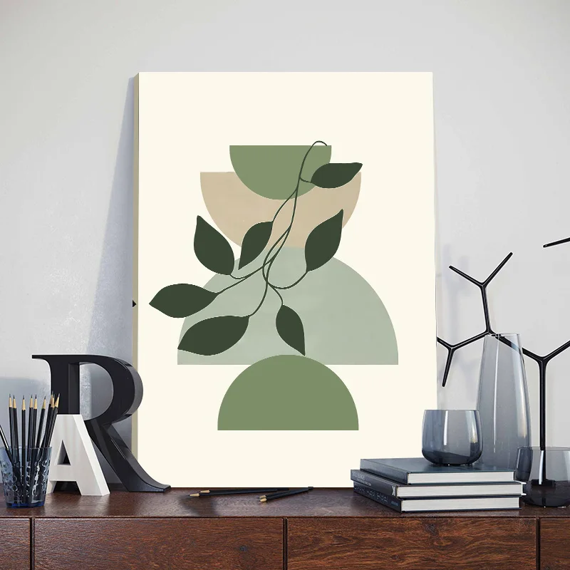 3pcs Bohemian Sage Green Wall Art Canvas Painting with Framed Nordic Abstract Geometric Plant Leaves Posters Bedroom Home Decor