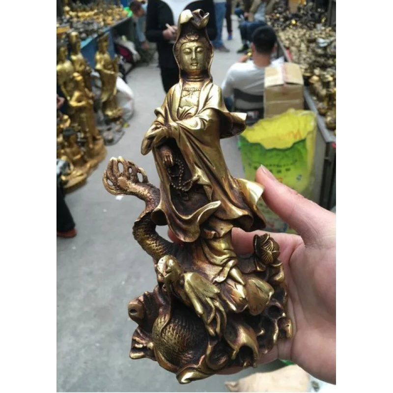 Ym 316 22Cm Royal Chinese Bronze Gilt Dragon Kwan-Yin Quan Guan Yin Goddess Statue
