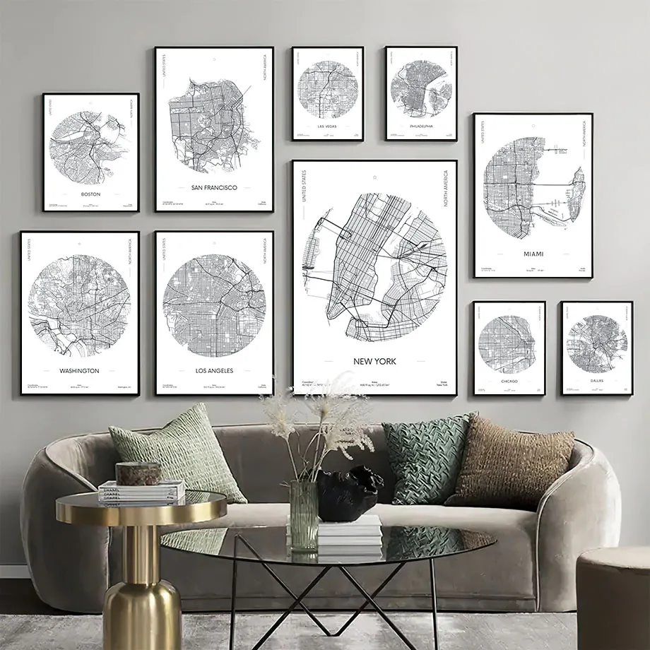 

New York Washington Las Vegas American City Map Wall Art Canvas Painting Nordic Posters And Prints Wall Pictures For Living Room
