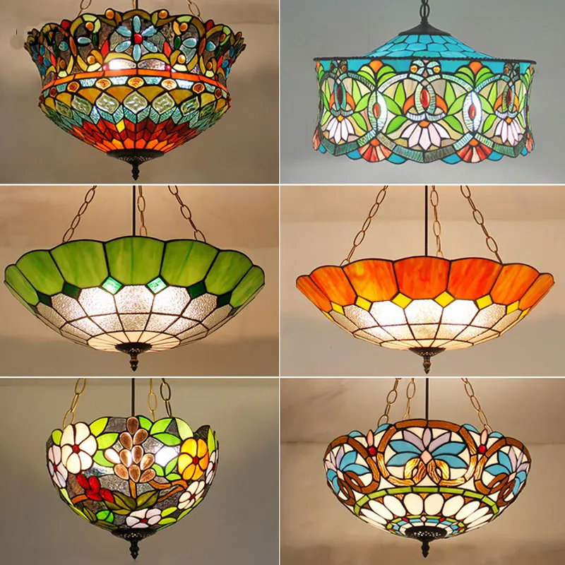 

Tiffany Mediterranean Stained Glass Pendant Lights Vintage Hanging Lamp for Dining Room Kitchen Light Fixtures Home Art Decor