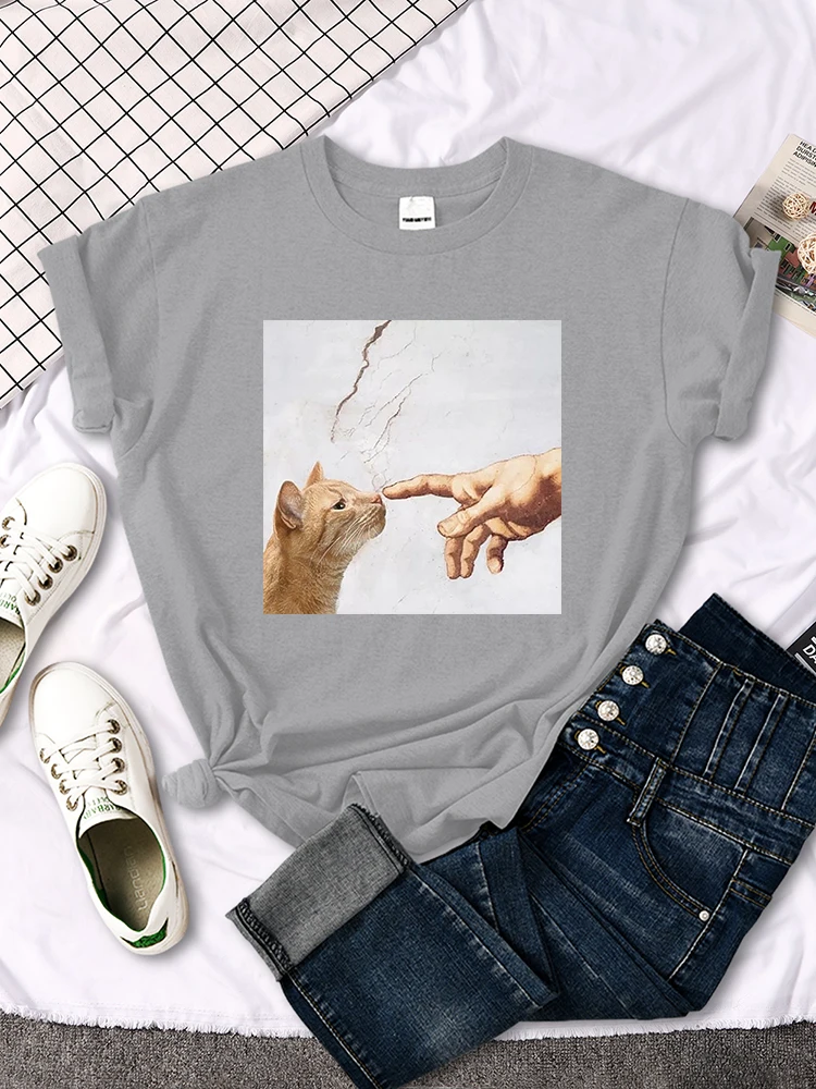 T Shirt Funny Cute Cat And Manpower Printed Womens T-Shirt Kawaii Fashion Woman Clothes Oversized Harajuku Tshirt For Women's