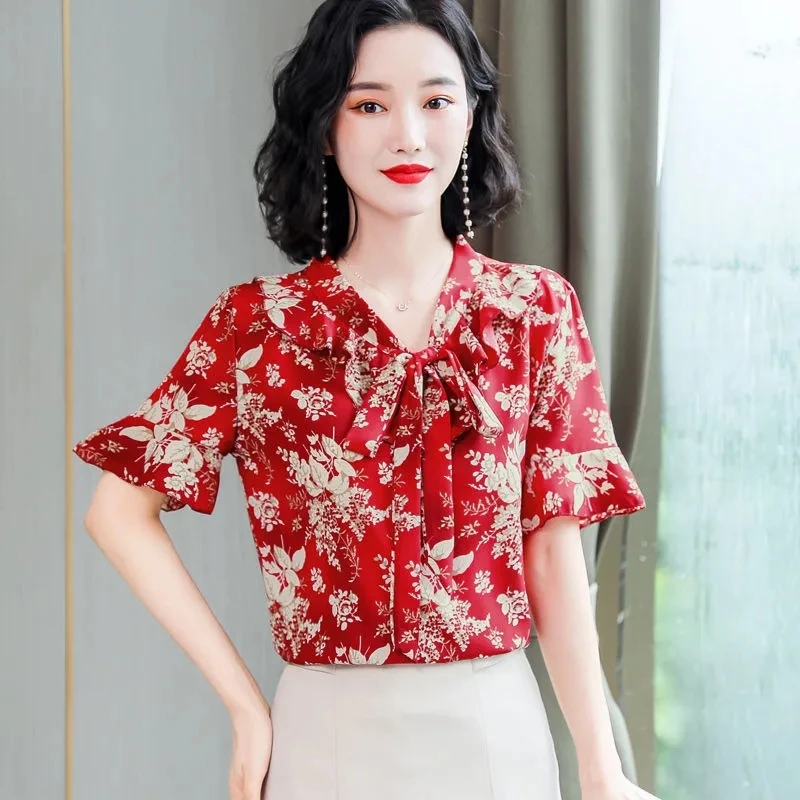 

Women's Flower Print Short Sleeve Chiffon Blouse 2024 Summer Elegant Lace-Up Shirt Fashion Pullover Top