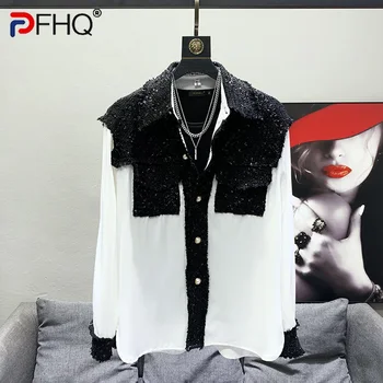 PFHQ-뉴 핸섬 스플라이스 콘트라스트 컬러 셔츠 남성용, 세련된 한국 셔츠, 스트리트 고품질 패치워크 상의, 2023