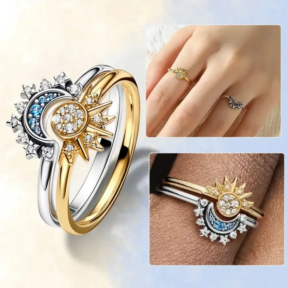 2pc/set Sparkling Ring Riyue Suitable Ring for Women To Wear Fashion Female Sun Moon Star Finger Rings Womens Ring Jewelry Rings Ring Jewelry