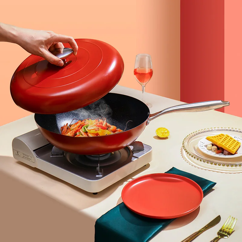 

32cm Rose Red Medical Stone Flat Bottom Non-stick Pan Induction Cooker Gas Cooker Special Frying Pans Non-oil Smoke Enamel Wok