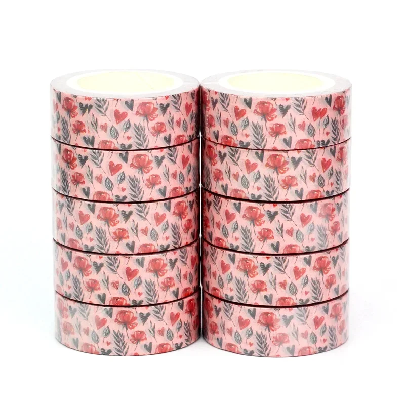 

10PCS Deco Red Heart Rose Leaf Valentine Washi Tapes for Scrapbooking Journaling Masking Tape Kawaii Papeleria Supplies