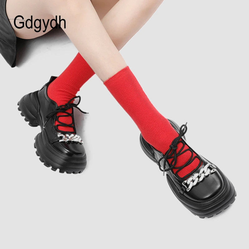 

Gdgydh Spring Goth Women Pumps Chunky Platform Ladies Single Shoes Chains Decorate Lace-Up Mary Jane Shoes Rubber Heels Black