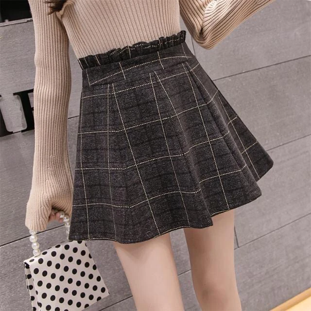 Spring Autumn Printed Short Skirt Half Skirt A-line Skirt Lotus Leaf Waist Women's Plaid Bag Hip High Waist Versatile Black brown skirt Skirts